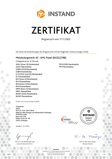 INSTAND Zertifikat für AML Panel (ASXL1, CEBPA, FLT3, IDH1, IDH2, NPM1, RUNX1)