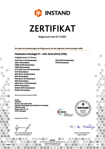 INSTAND Zertifikat für AML Panel 2025 (CEBPA, FLT3, IDH1, IDH2, NPM1, RUNX1, TP53)