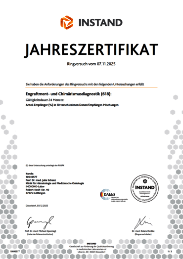 INSTAND Zertifikat Engraftment- und Chimärismusdiagnostik Ringversuch 07.11.2025