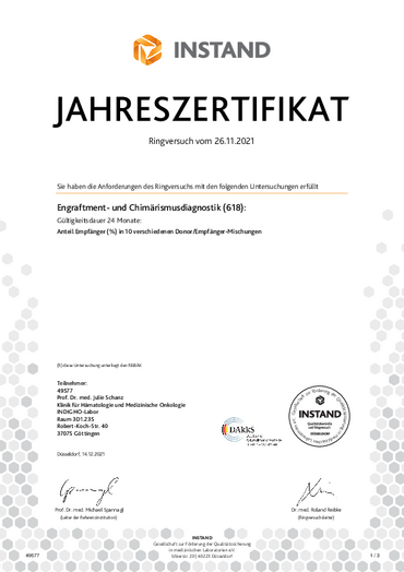 INSTAND Zertifikat Engraftment- und Chimärismusdiagnostik Ringversuch 26.11.2021
