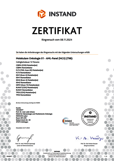 INSTAND Zertifikat für AML Panel 2024 (CEBPA, FLT3, IDH1, IDH2, NPM1, RUNX1, TP53)