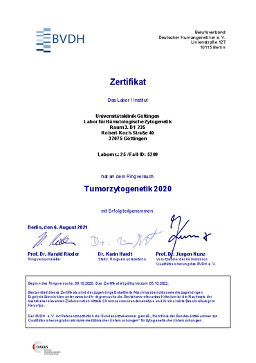BVDH Zertifikat für Tumorzytogenetik RV 2020