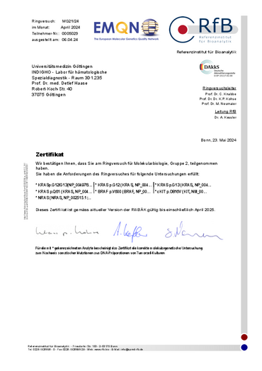 RfB Zertifikat für KRAS, BRAF, KIT, NRAS 2024